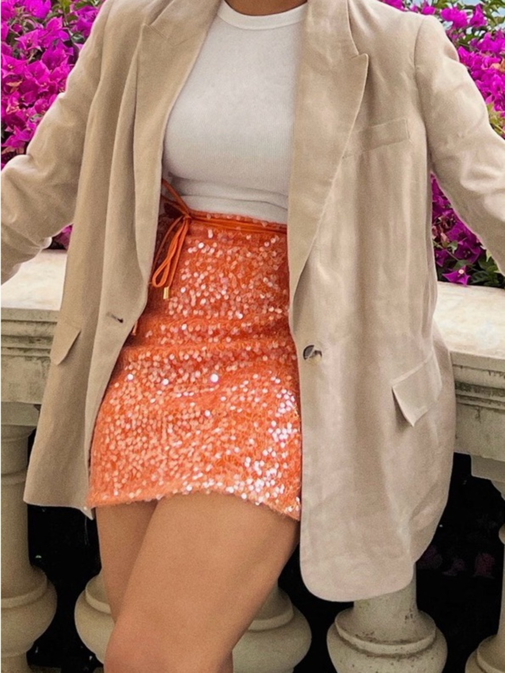Coral Orange Sequin Mini Skirt with Adjustable Side Tie